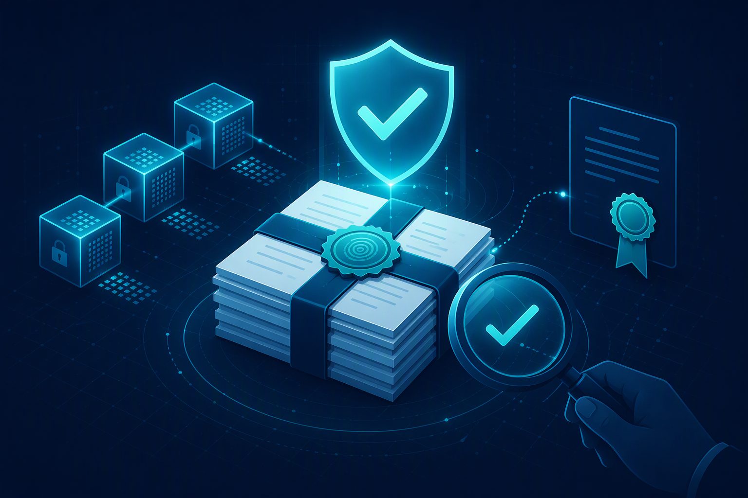 Illustration of a sealed evidence bundle verified by a shield and checkmark